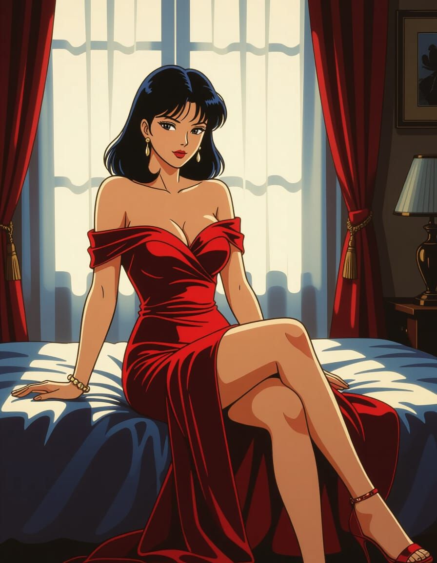 Elegant Woman in Red Dress, Retro Anime Style