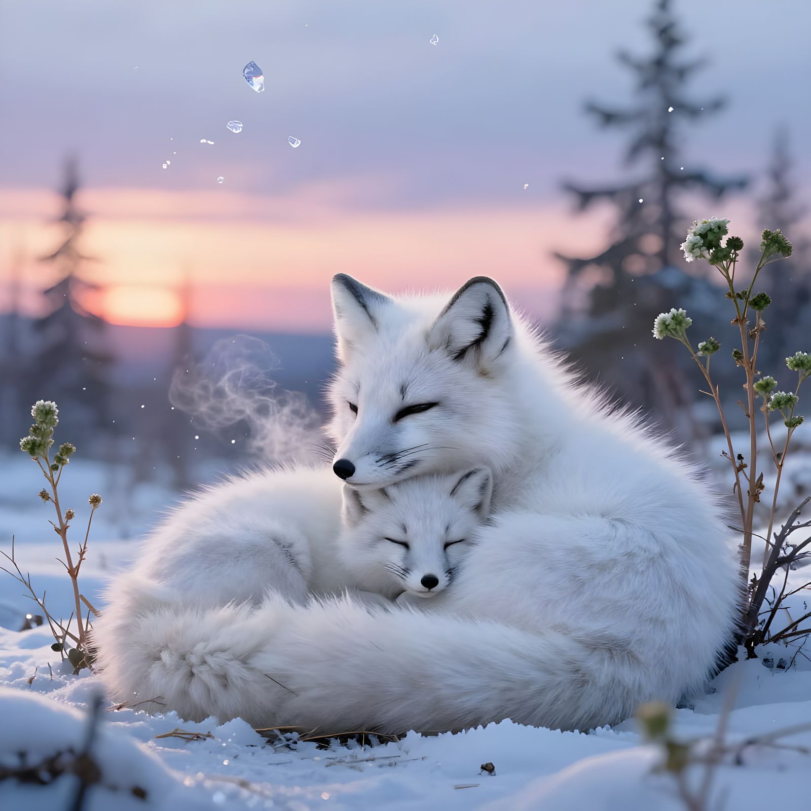 Arctic Fox Family Sleeps in Snowy Forest