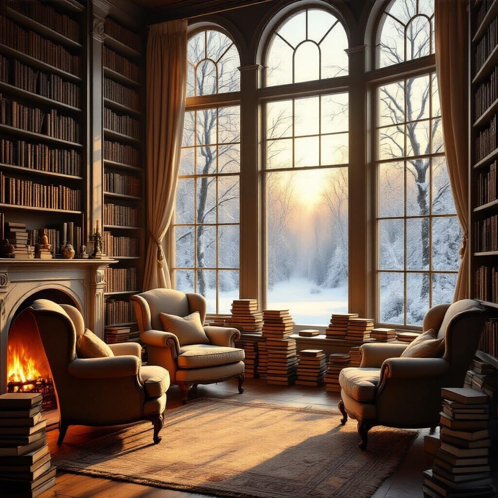 Cozy Library Nook with Snow Forest View, Painterly Style