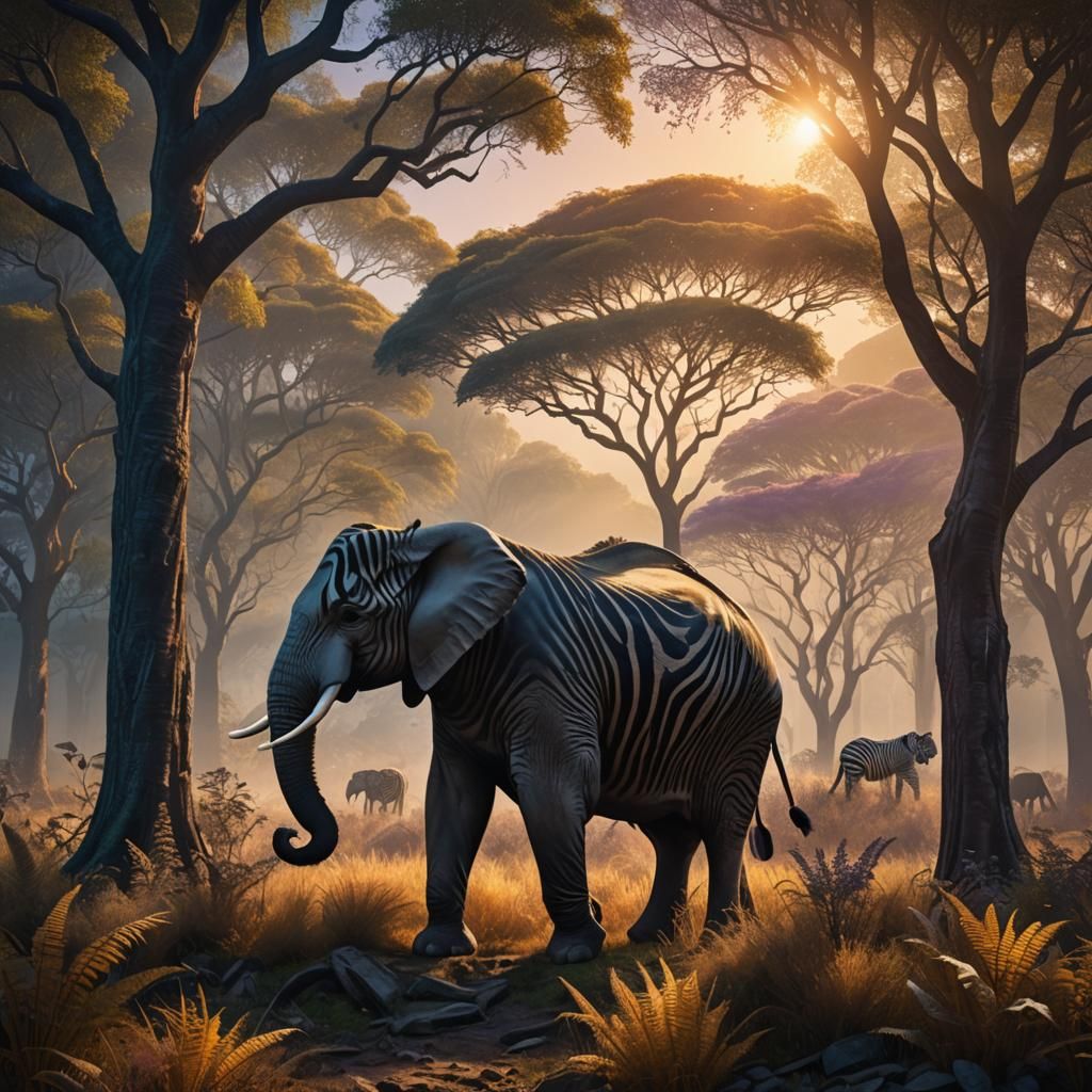 Zebra Striped Elephant in a Golden Valley