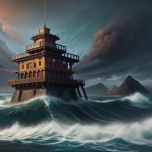 Tsunami Crashing Over Watchtower in Detailed Matte Painting