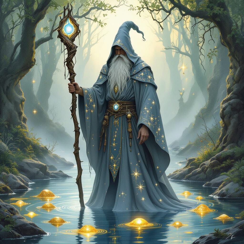Enchanted Wizard in Misty Forest, Ethereal Art Style