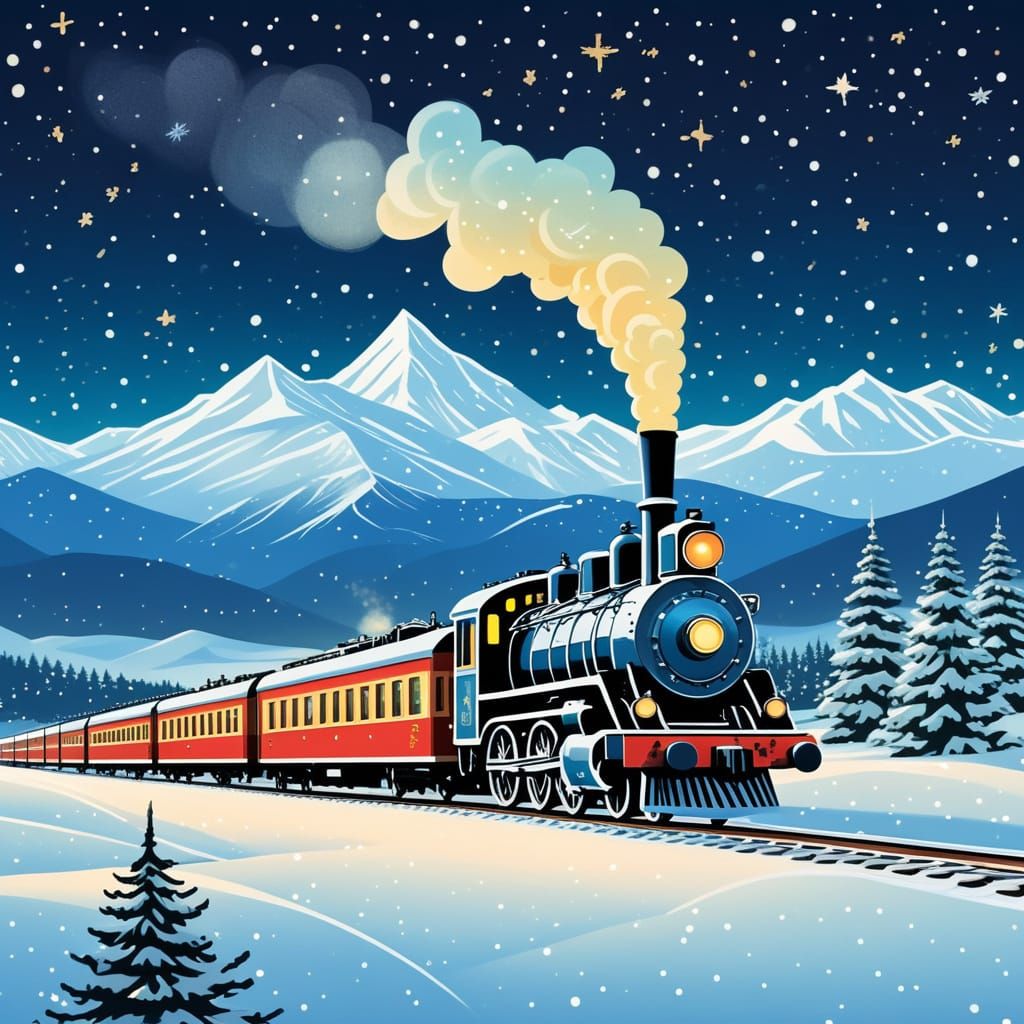 Whimsical Winter Train Journey Through Icy Plains