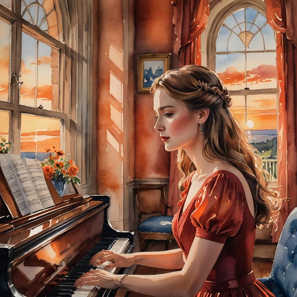 Woman at Piano with Sunset, Dreamy Watercolor