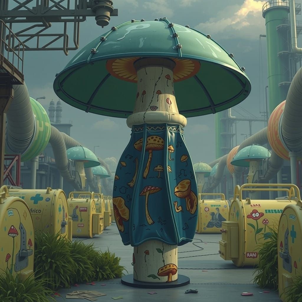 Hyperreal Linocut Mushroom Sculpture in Industrial Setting