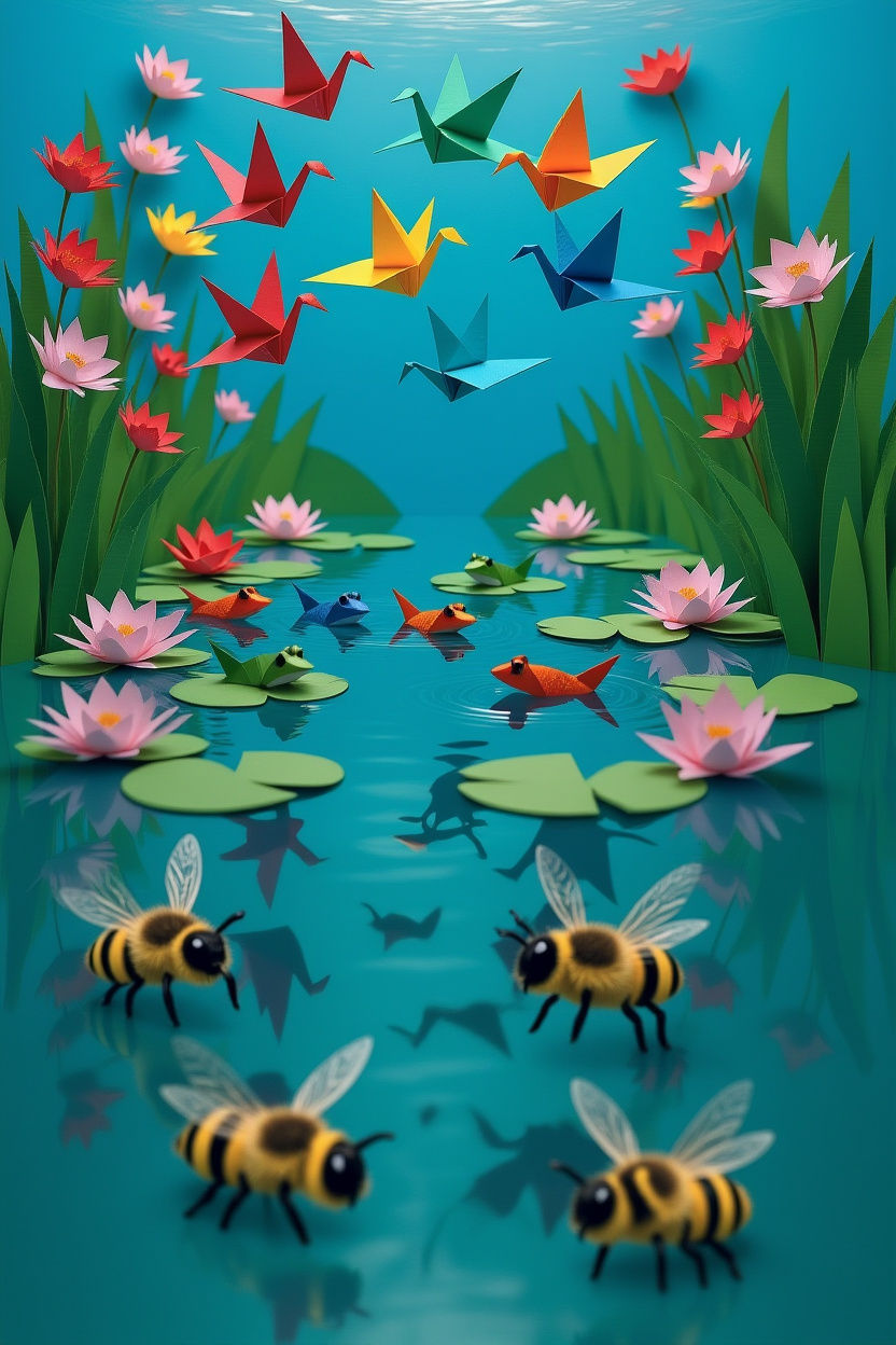 Origami Paper Flock Over Tranquil Pond Scene