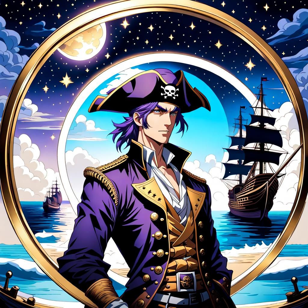 Anime Pirate Under Starry Sky in Steampunk Style