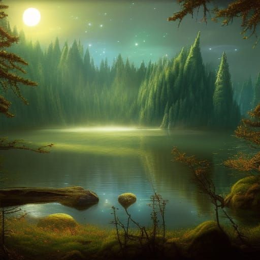 Night Lake: Moonlit Forest in Detailed Matte Painting