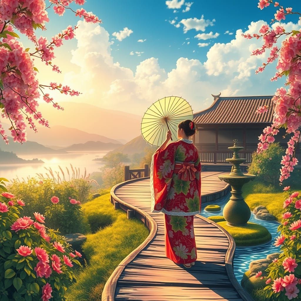 Japanese Woman in Vibrant Kimono Amidst Blossoming Cherry Tr...