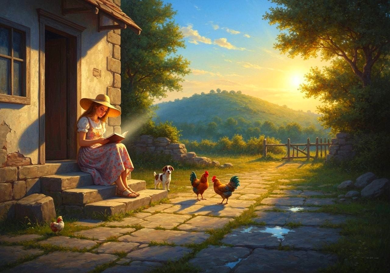 Oil Painting of Girl Reading on House Steps