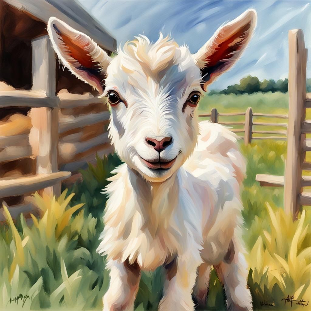Happy Baby Goat on Farm in Gouache Style