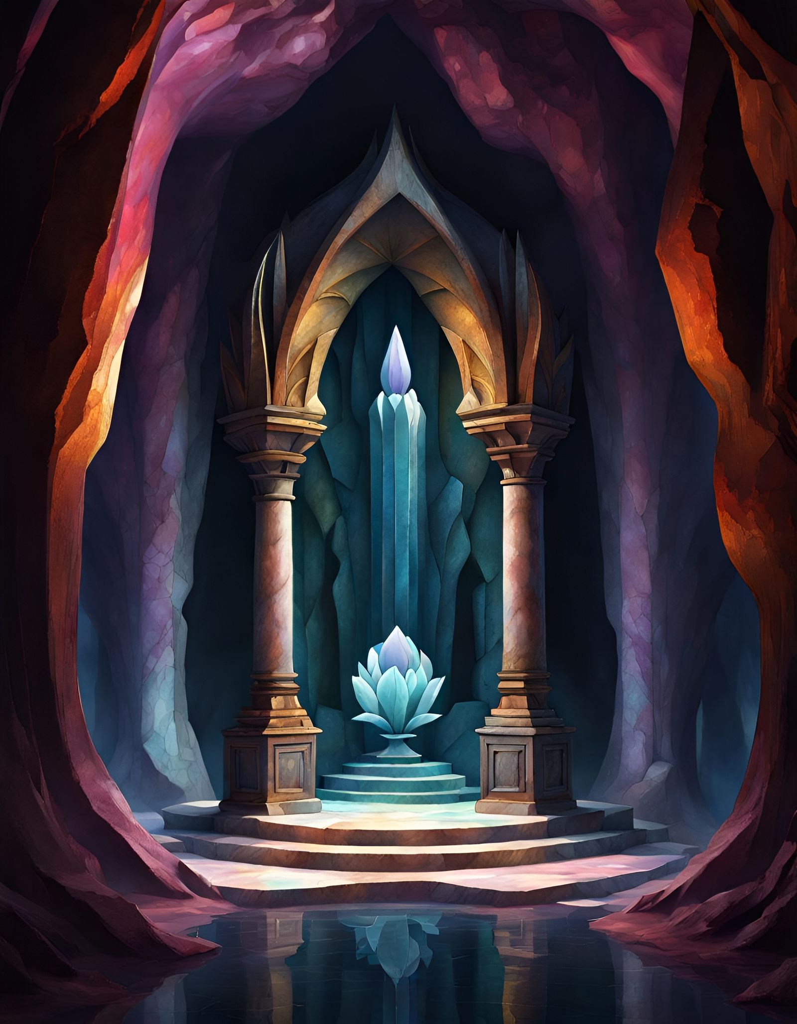 Marble Crystal Tulip Shrine in Cave, Digital Art