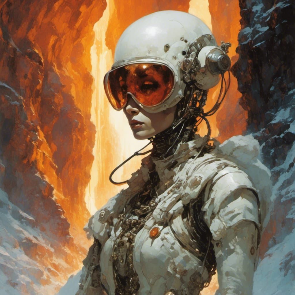 Alien Explorer in Inferno Cave, Cyberpunk Art