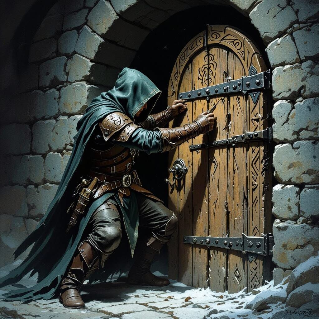 Elvish Thief Disarming Dungeon Door, Dark Fantasy Art