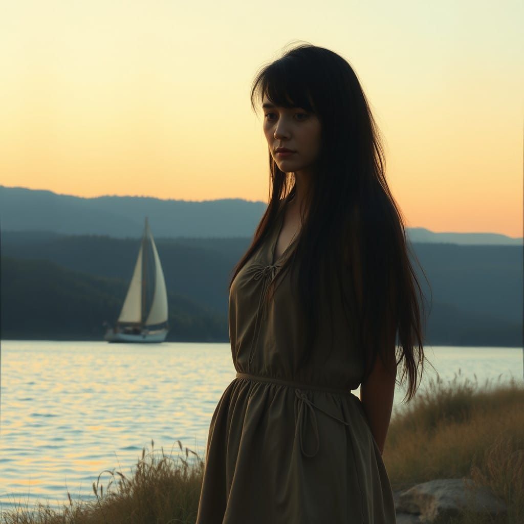 Sorrowful Woman Watches Sailboat Disappear at Sunset