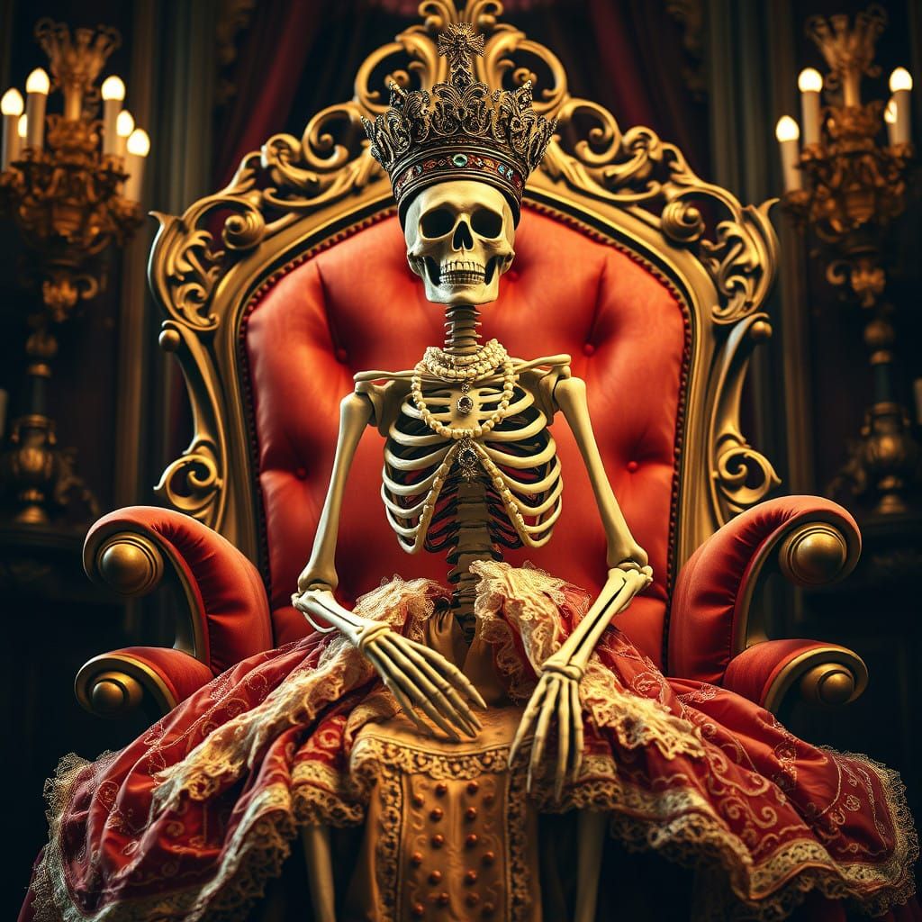 Regal Skeleton Queen in Lavish Baroque Gown