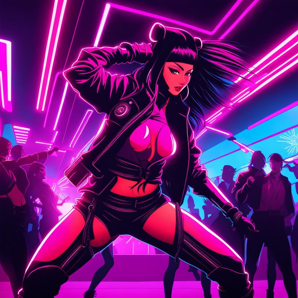 Kunoichi Dancing in Neon Synthwave Nightclub