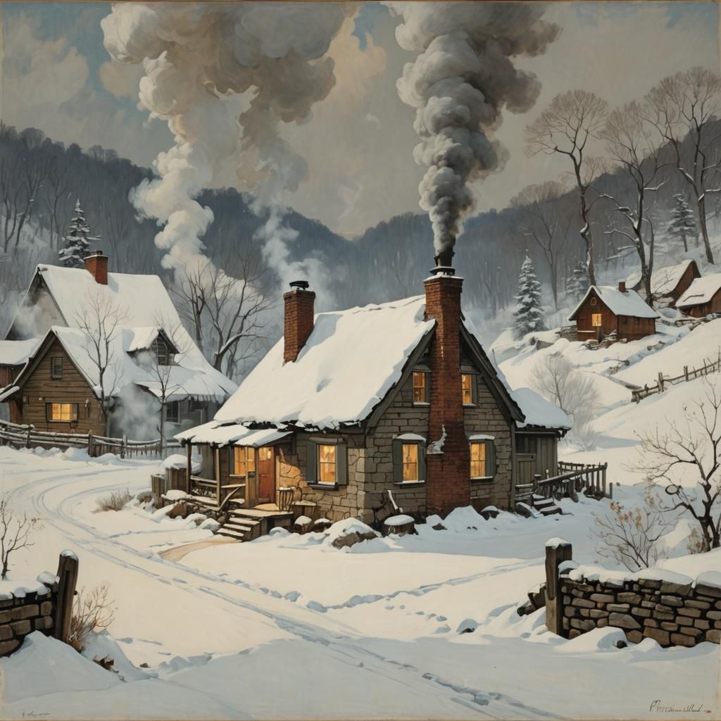 Snowy Cottage with Steam, in Cubist Realism