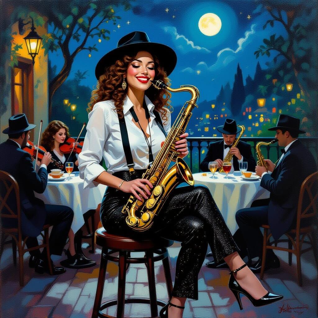 Jazz Woman Playing Saxophone in Oil Painting Style