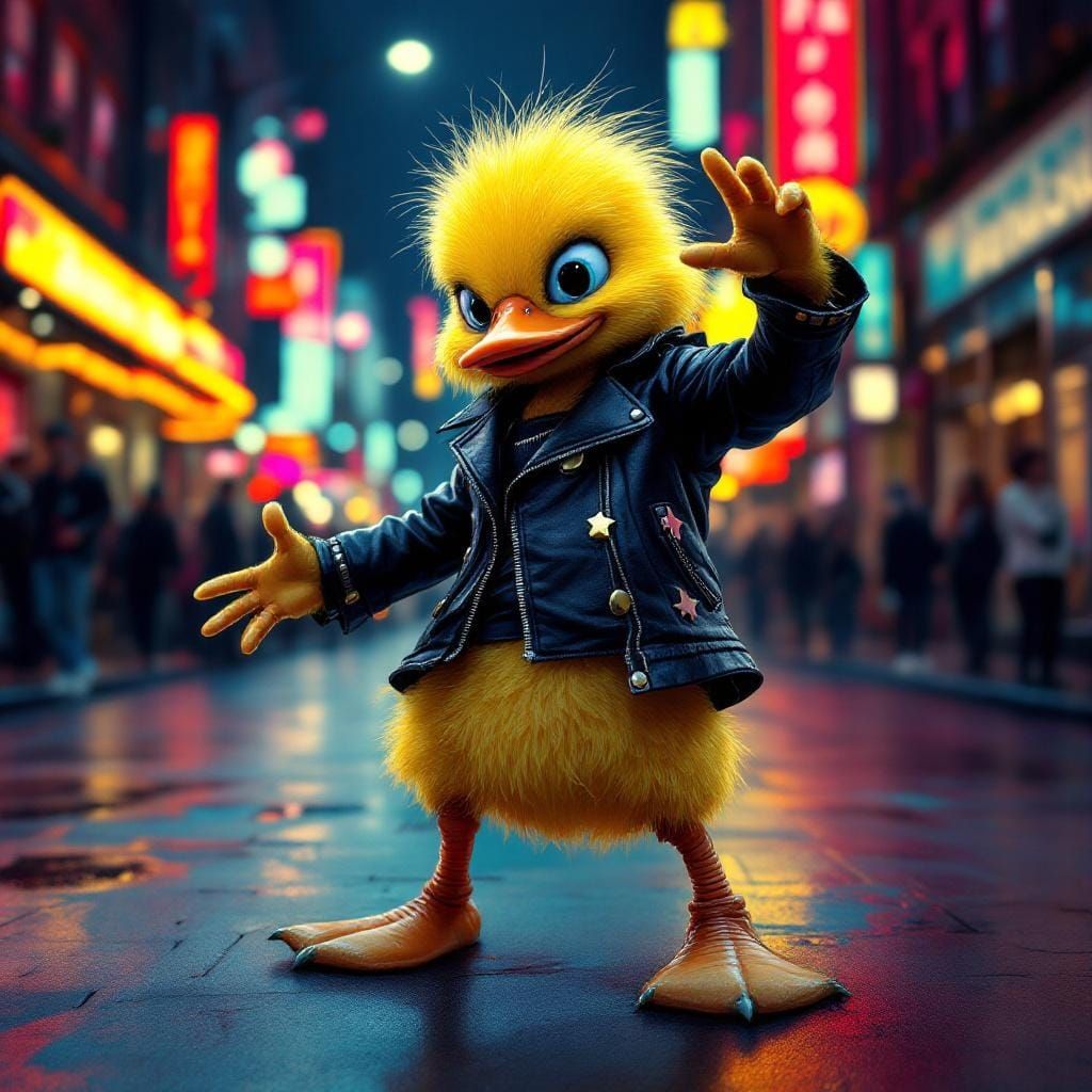 dancing anthropomorphic Baby duckling in a leather jacket  dancing   in the streets doing the Time Warp from Rocky Horro...