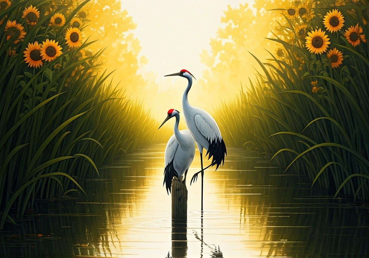 Creek Scene with Cranes at Sunrise in Watercolor