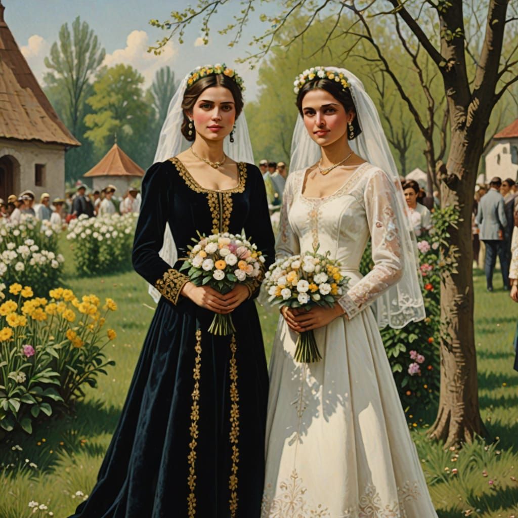 Two slender, petite Romanian women getting married in the springtime, era 1625