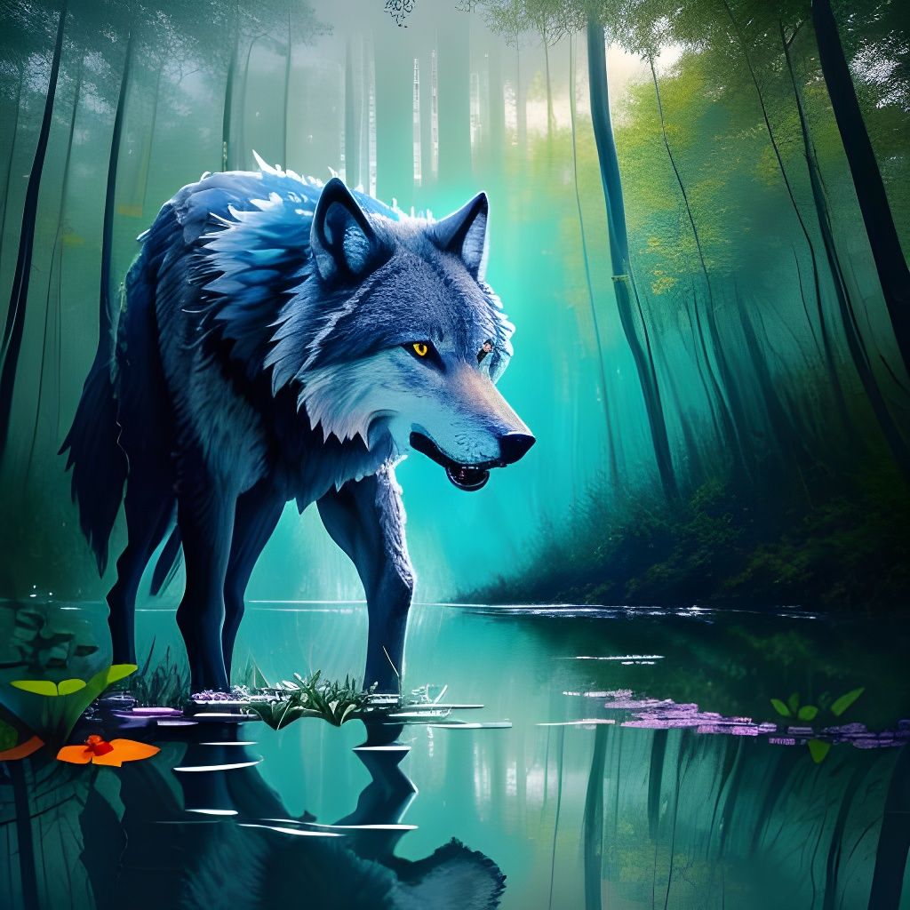 Majestic Wolf on Shore as Oil Painting