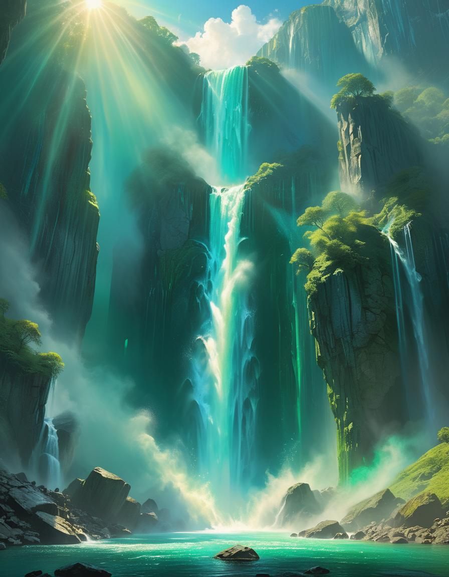 The Sun Gleams Through the Trees Above a Stunning Waterfall