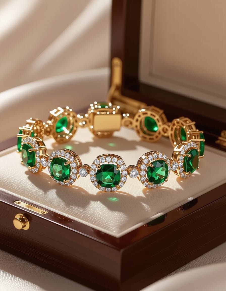 Regal Lady Wearing Emerald and Diamond Bracelet