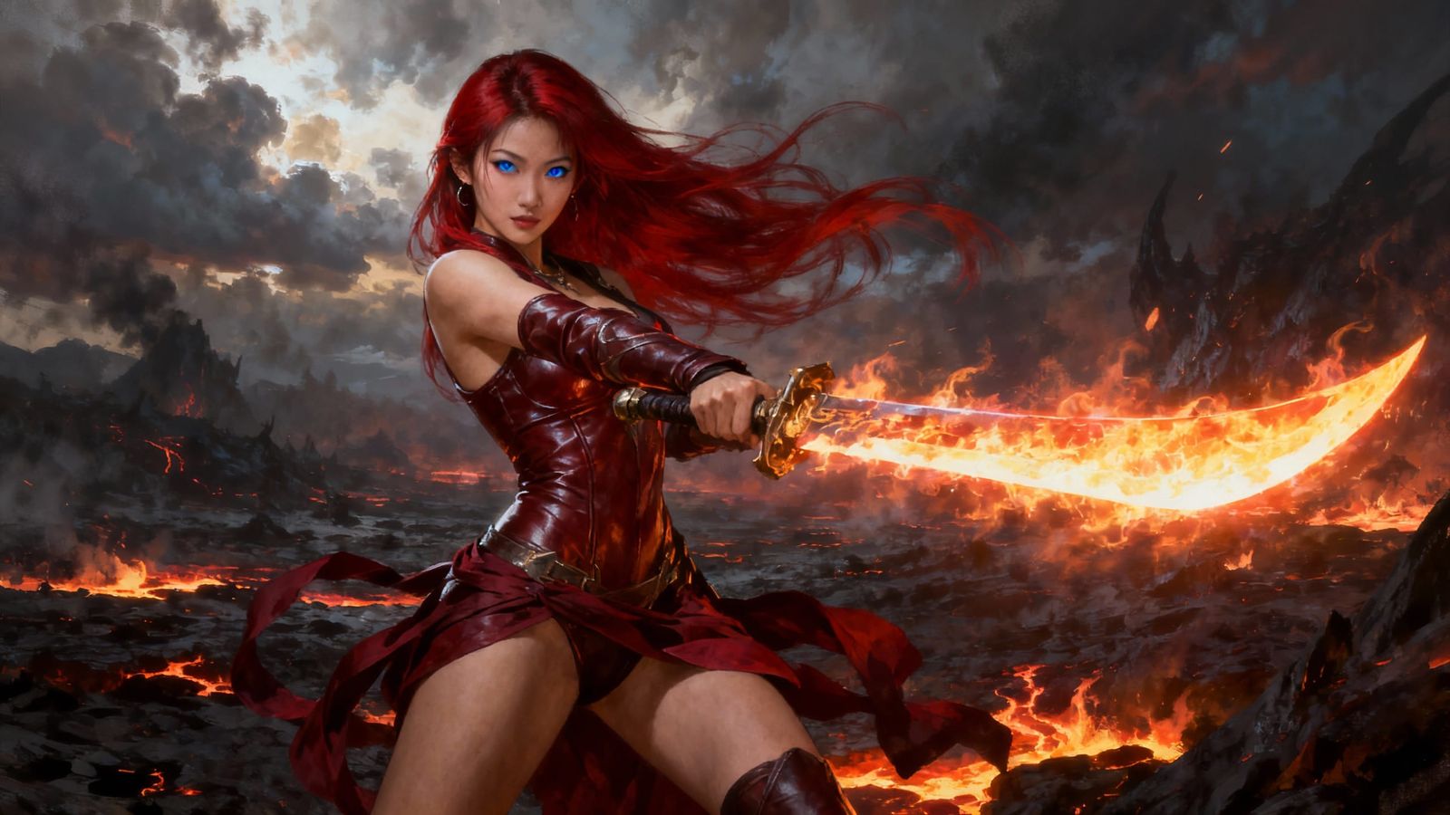 Asian Warrior with Flaming Sword in Dark Fantasy Battlefield