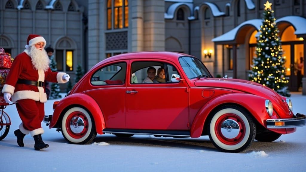 Sleek Red Volkswagen Beetle in Festive Winter Wonderland