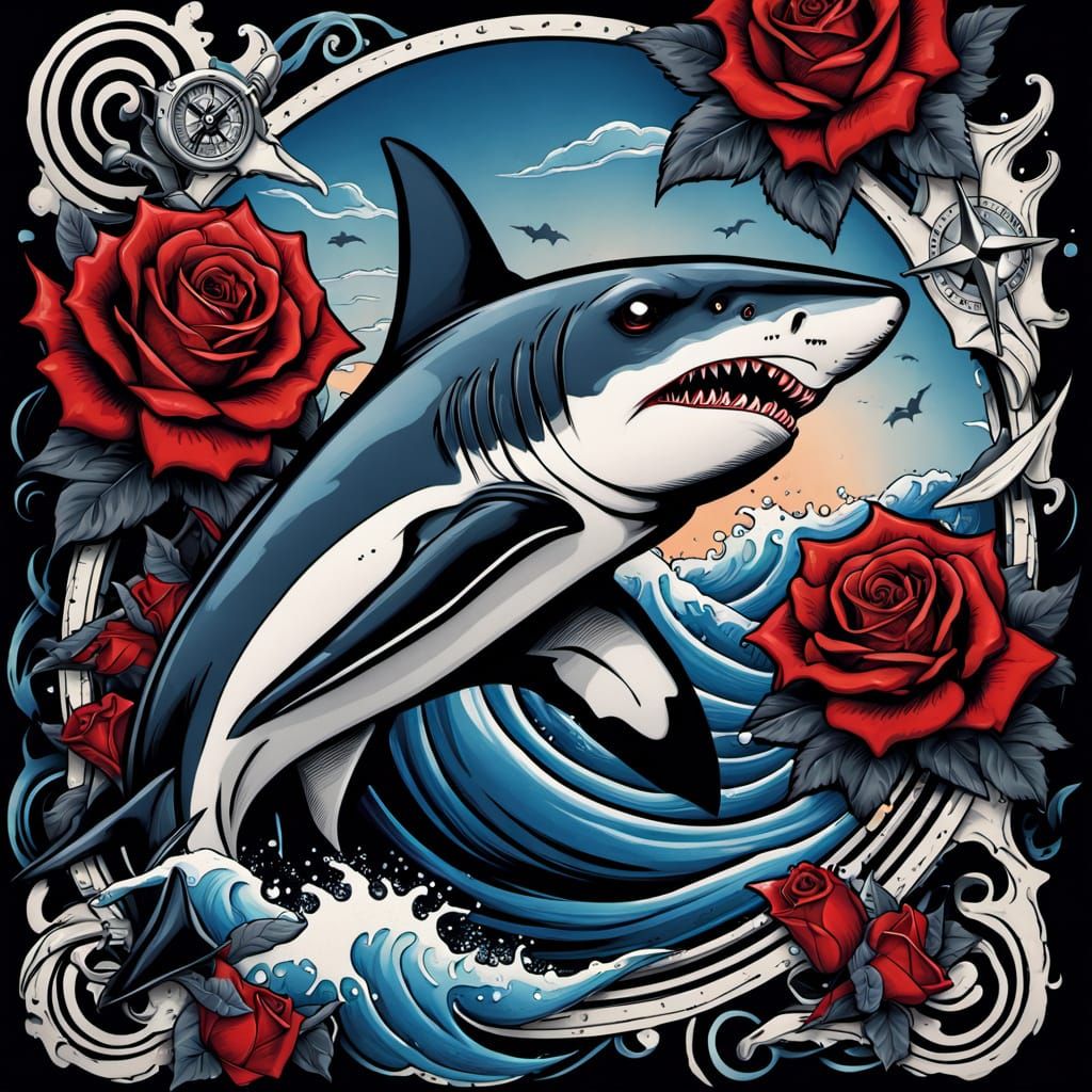 Hammerhead Shark and Rose: Traditional Sailor Tattoo Art