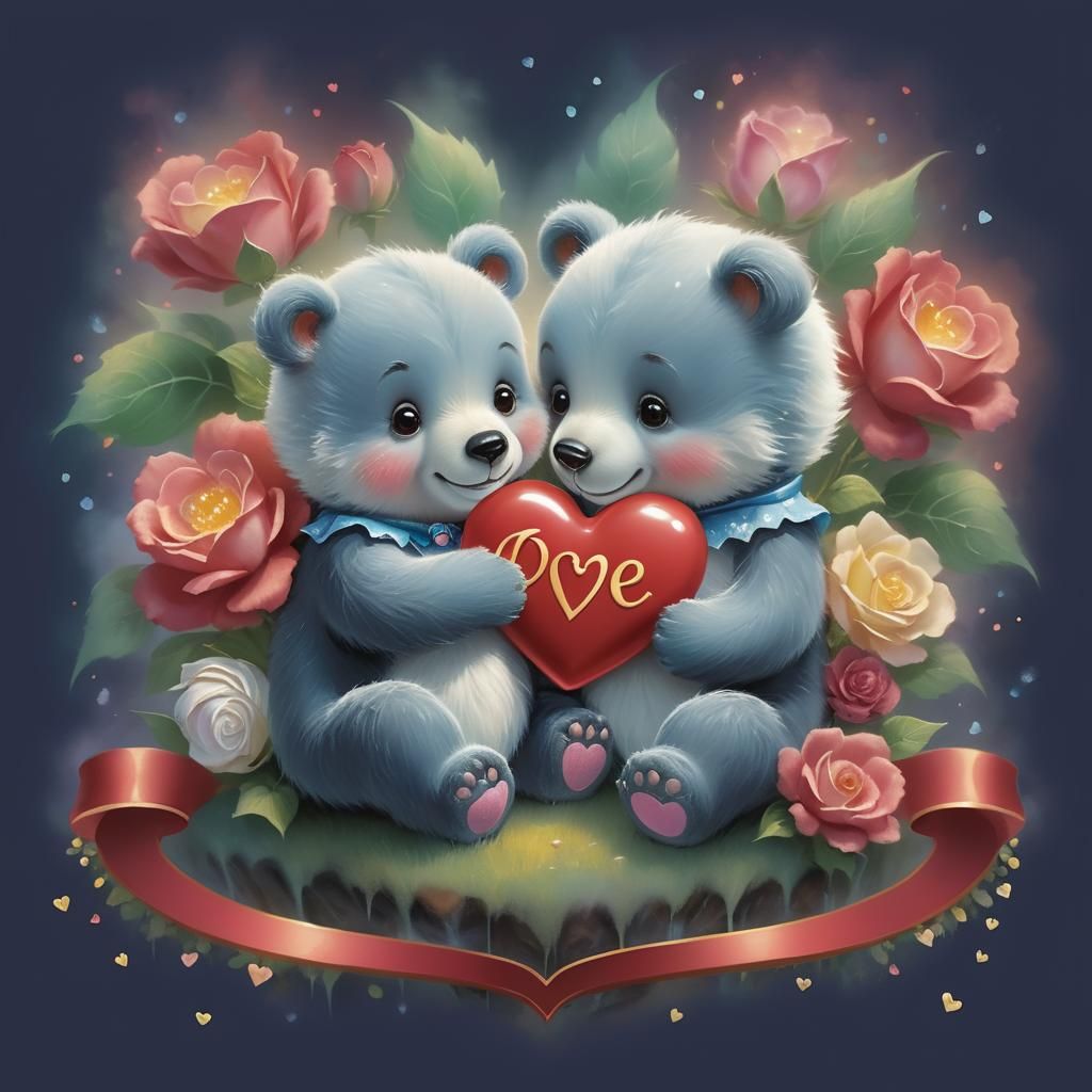 Adorable Heart-Shaped Bear Cubs in Ethereal Fantasy Style