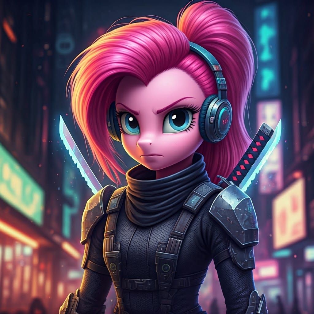 Cyberpunk Pinkie Pie: Music Ninja in a Dystopian Metropolis