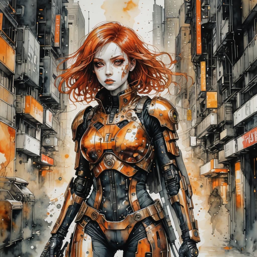 Cyberpunk Woman with Sword in Watercolour Style