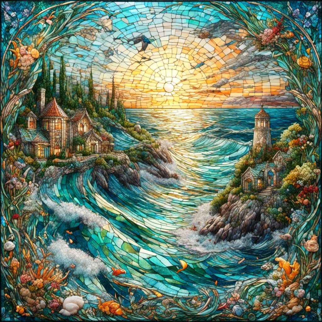 Stunning Stained Glass Mosaic Ocean Scape