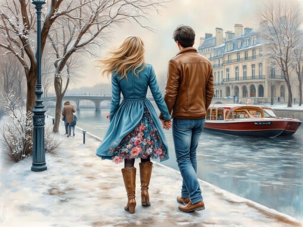 Romantic Couple on the Seine in Impressionistic Style