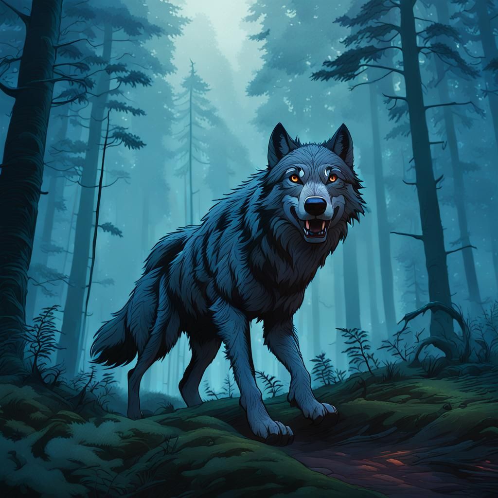 Wolf Runs Through Misty Forest in Fantasy Realism