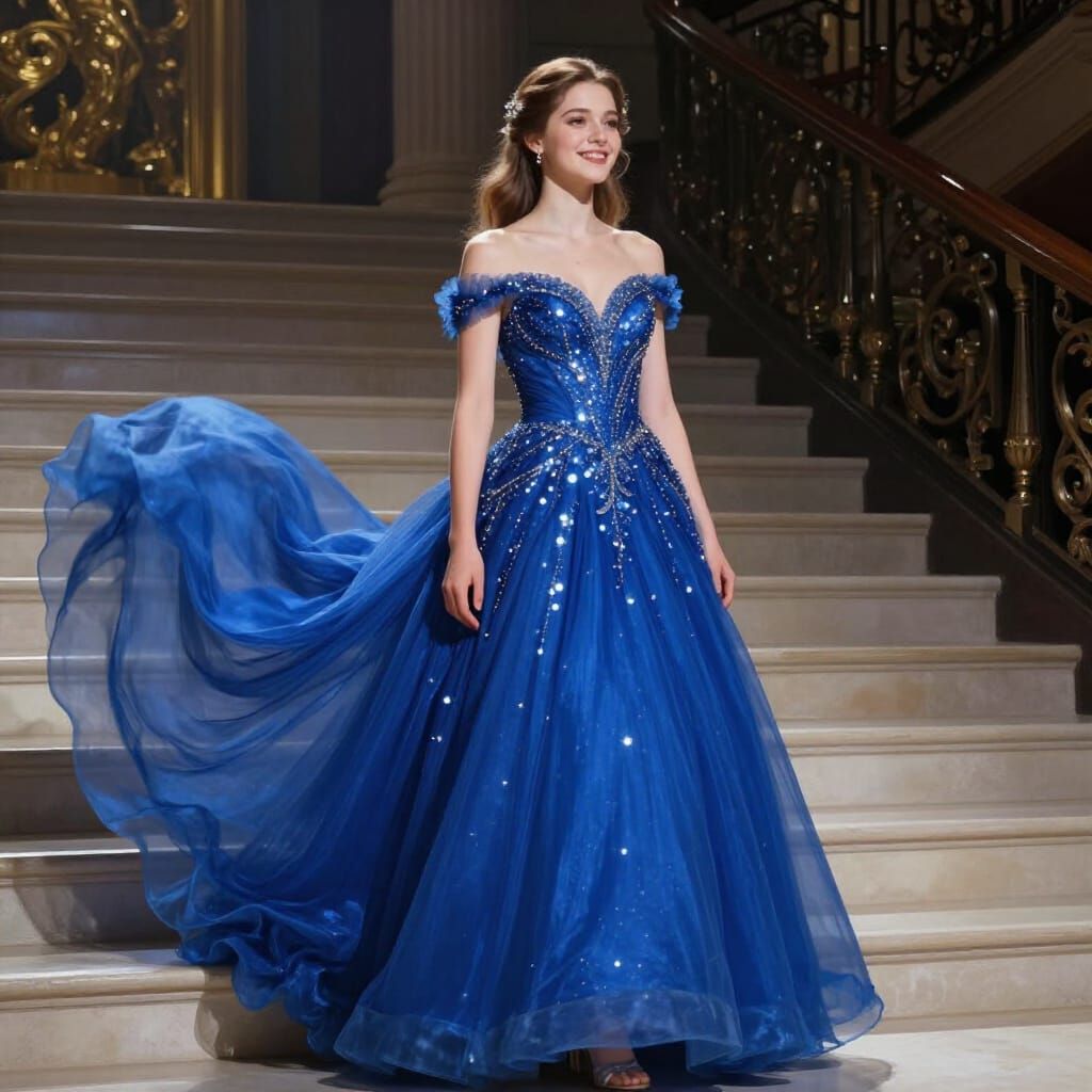 Elegant Sapphire Prom Gown on Grand Staircase