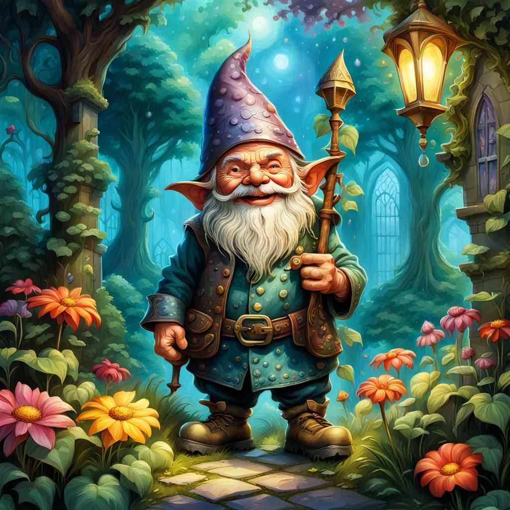 Laughing Gnome in Vibrant Fantasy Garden