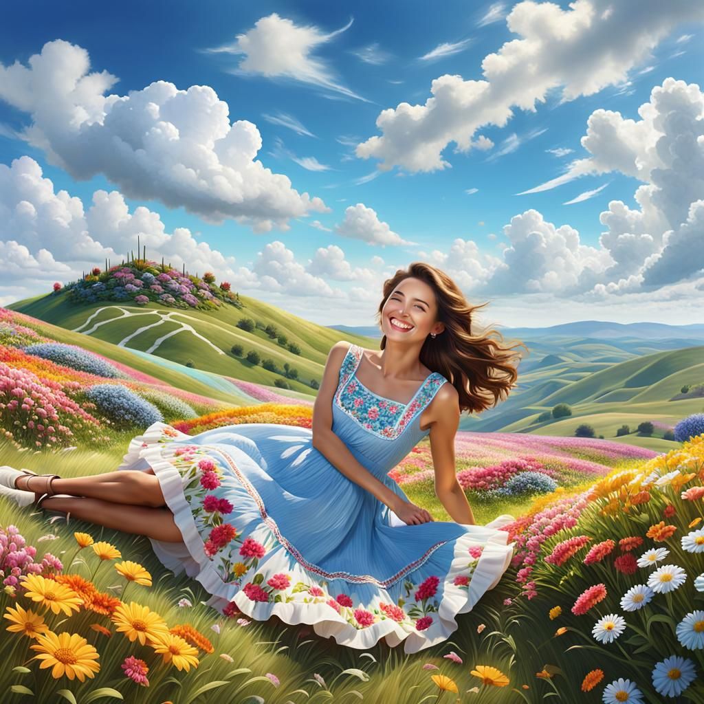 Girl in Field of Flowers Landscape Art