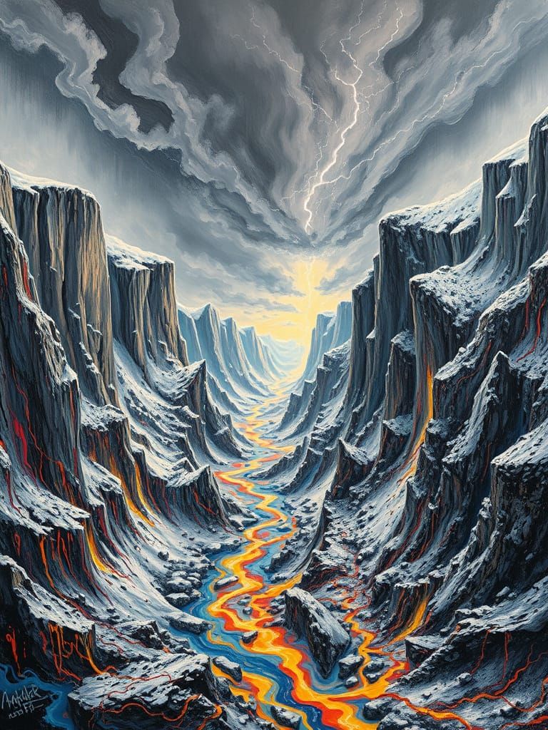 Surreal Acrylic Landscape with Snow and Lightning