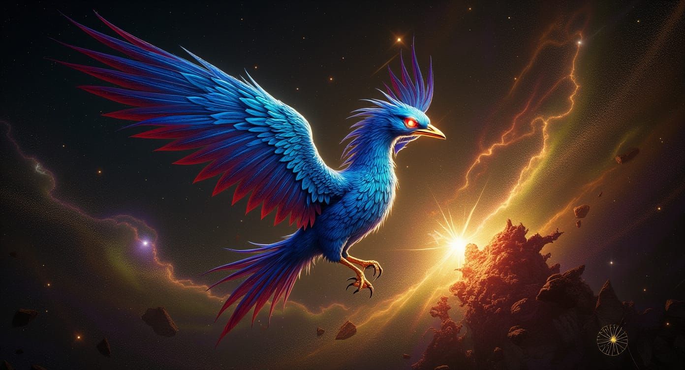 Crystal Phoenix Soaring Through Nebula, Digital Art