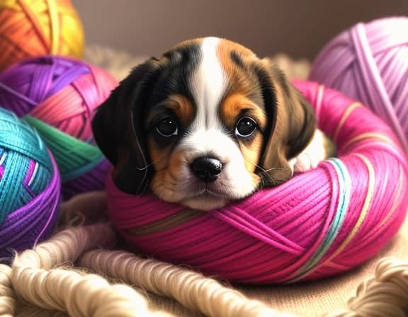 Fluffy Beagle Puppy in Yarn, Digital Illustration