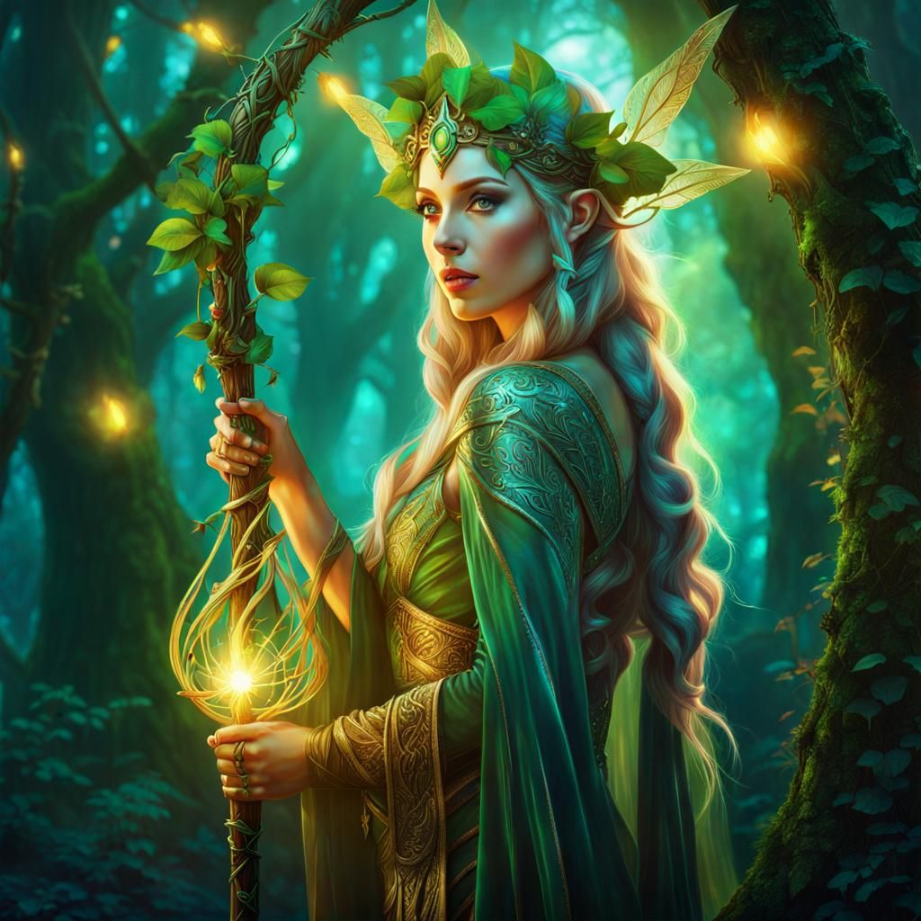 Elven Druid in Enchanted Forest: Double Exposure Art