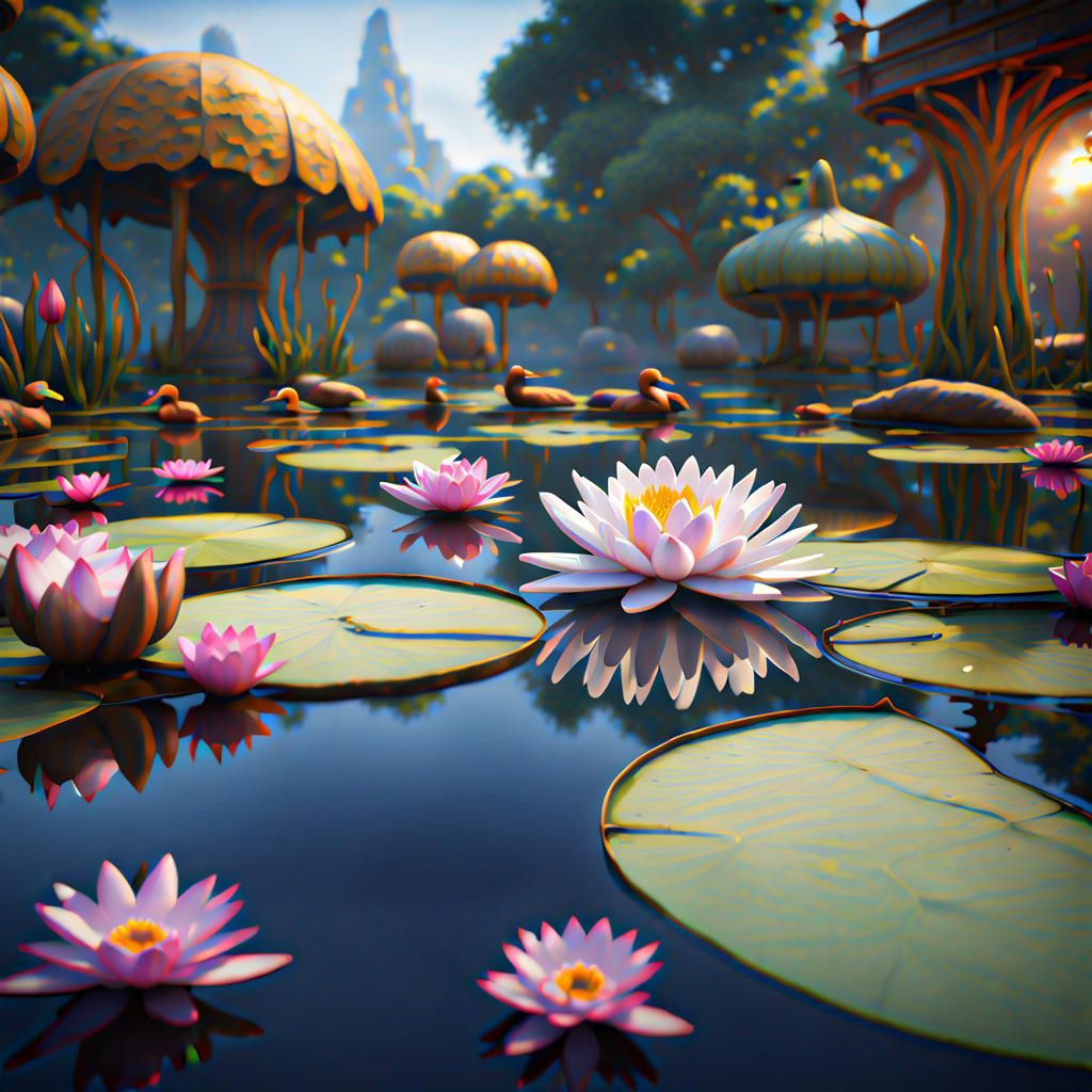 Water Lily Pond with Ducks in Detailed Matte Painting