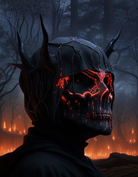 Dark Figure in Hooded Robe with Gnarled Horns