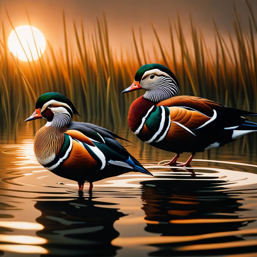 Mandarin Ducks in Reflective Water: Cinematic Sunrise