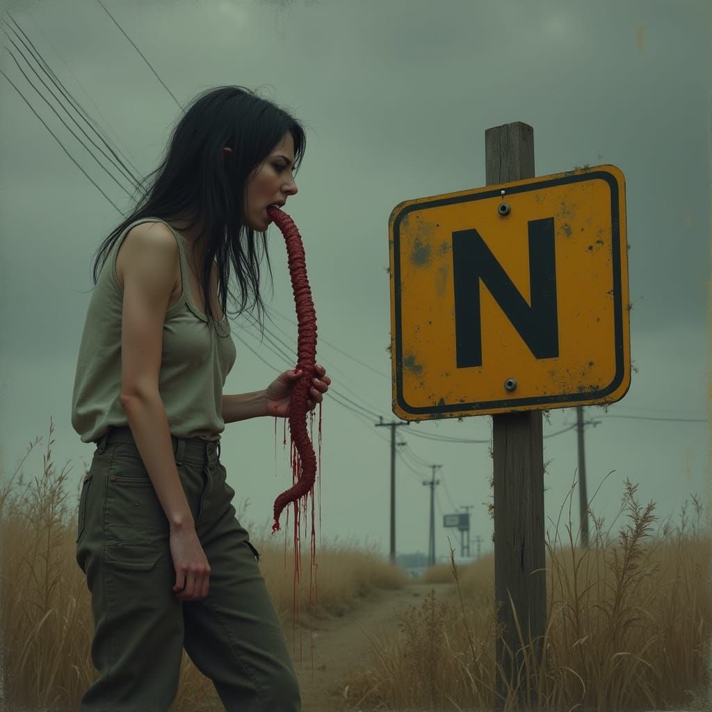 Vomiting Woman Beside a Worn Traffic Sign in Photorealistic ...