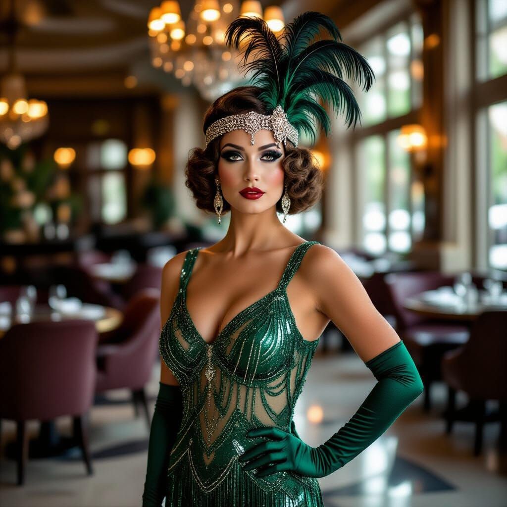 Glamorous Burlesque Showgirl in Emerald Dress
